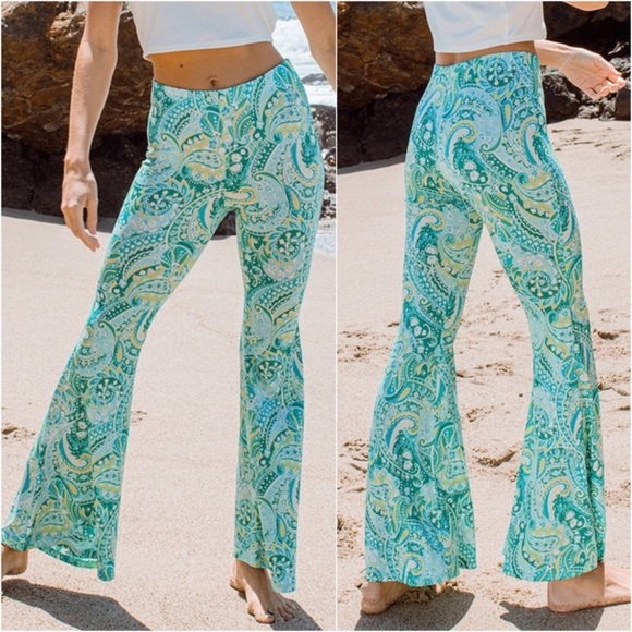 💕LAST1️⃣ New USA MADE Green Multi Paisley Print Soft Comfy Stretchy Flare Pants - Picture 3 of 3